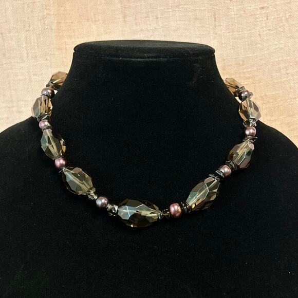 Vintage Handmade Deb Guyot 925 China Smokey Quartz and Purple Pearl Necklace